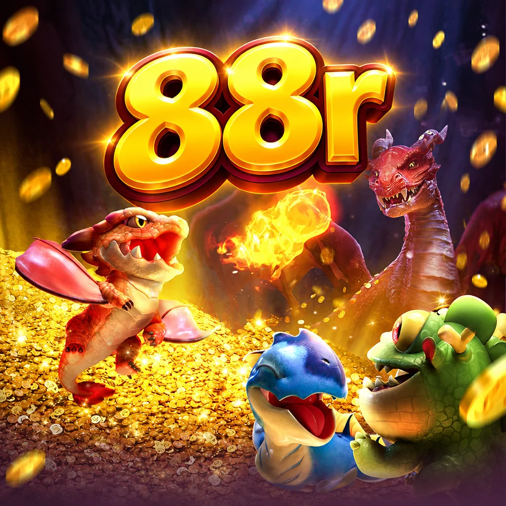 Logo 88r dengan karakter naga dan tumpukan koin emas dari Dragon Hatch