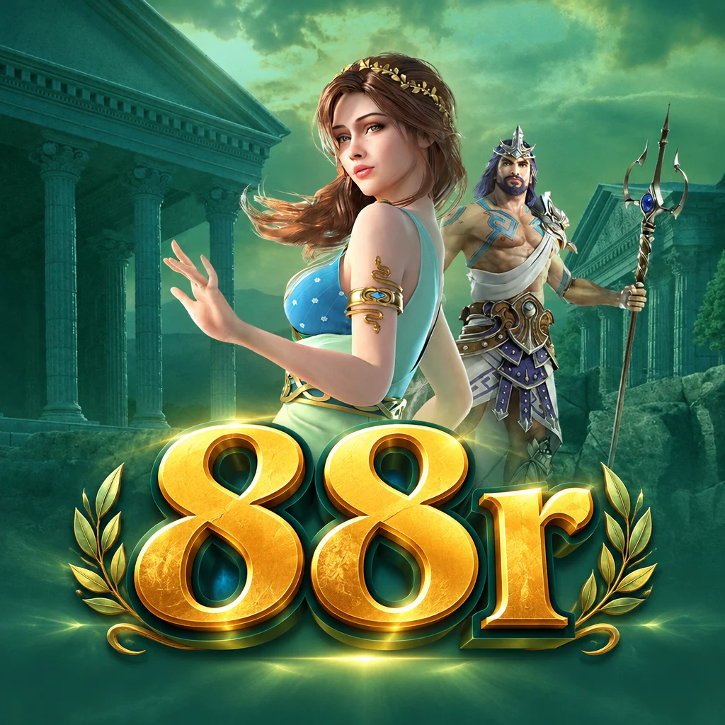 Logo 88r berhias daun emas dengan Medusa dan Poseidon di kuil Yunani
