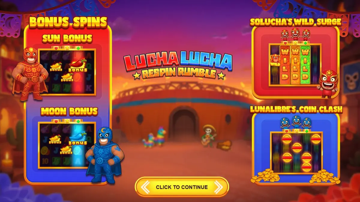 Lucha Lucha Respin Rumble slot game display with vibrant Mexican wrestling theme