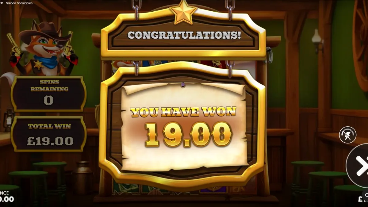 Tampilan visual slot Saloon Showdown 10,000x dengan tema koboi kartun