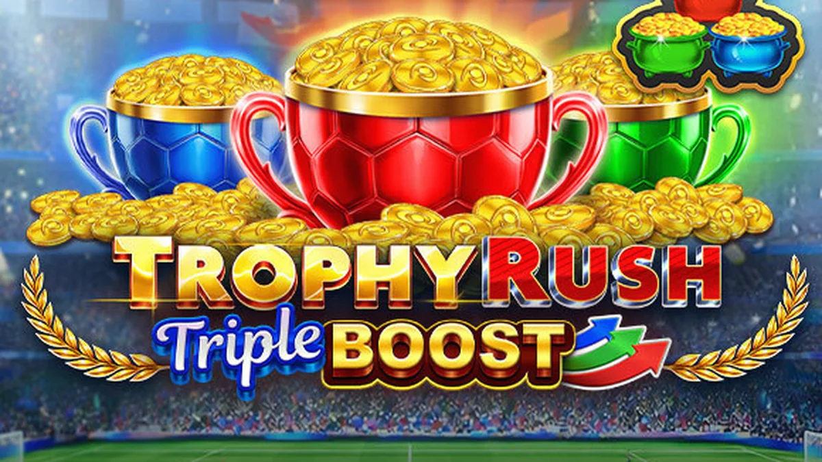 Tampilan antarmuka permainan slot Trophy Rush Triple Boost dengan simbol koin emas